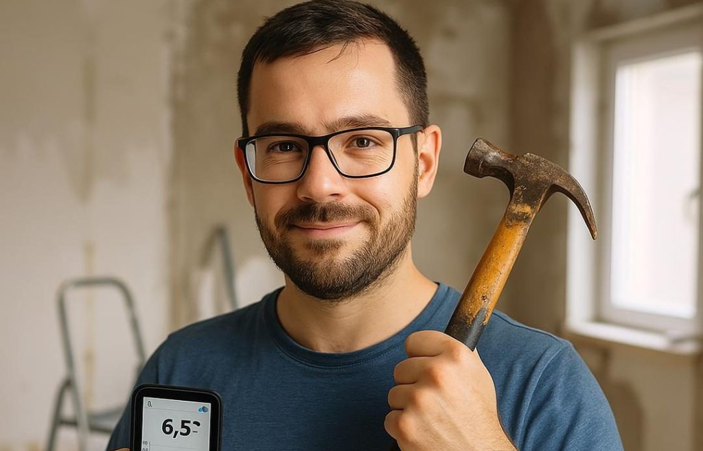 Muž s diabetickým senzorom na ruke počas bežného dňa doma, aktívne sa pohybujúci v interiéri – symbolizuje fyzickú aktivitu a glukózovú stabilitu.