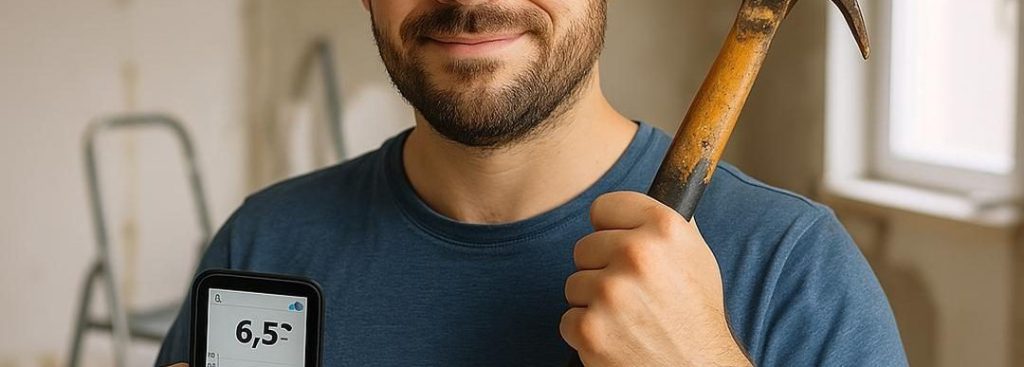 Muž s diabetickým senzorom na ruke počas bežného dňa doma, aktívne sa pohybujúci v interiéri – symbolizuje fyzickú aktivitu a glukózovú stabilitu.